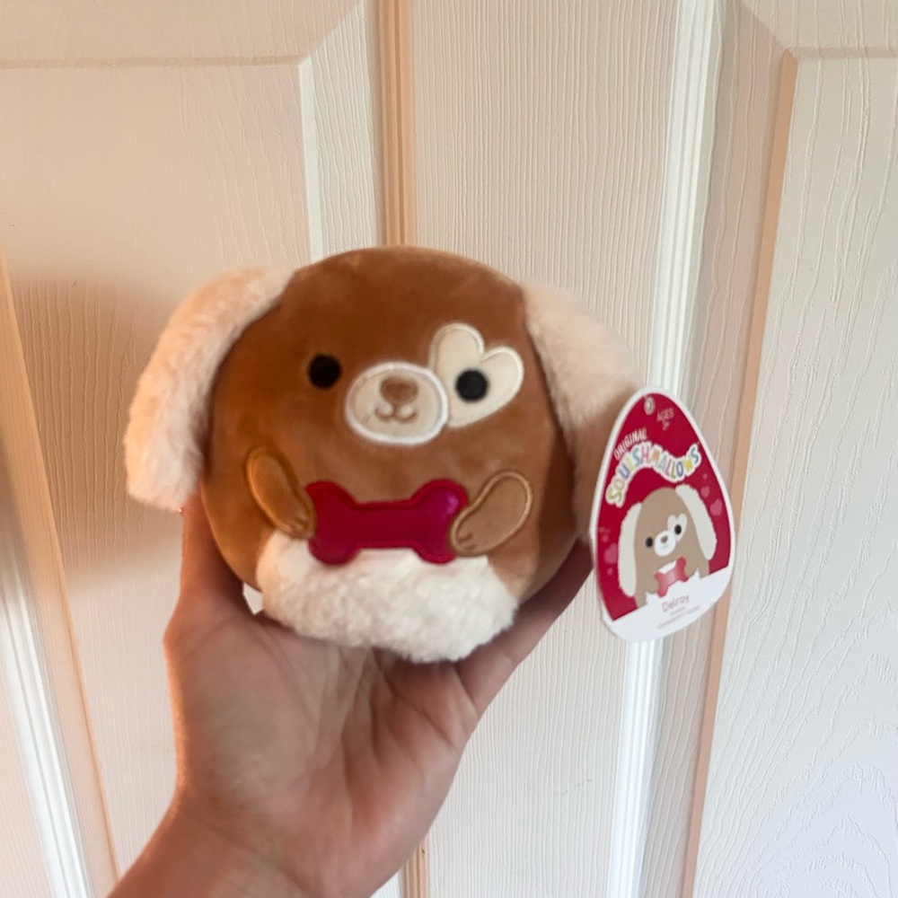 ⭐️ NEW Squishmallows Brown and White Dog with Red Bone